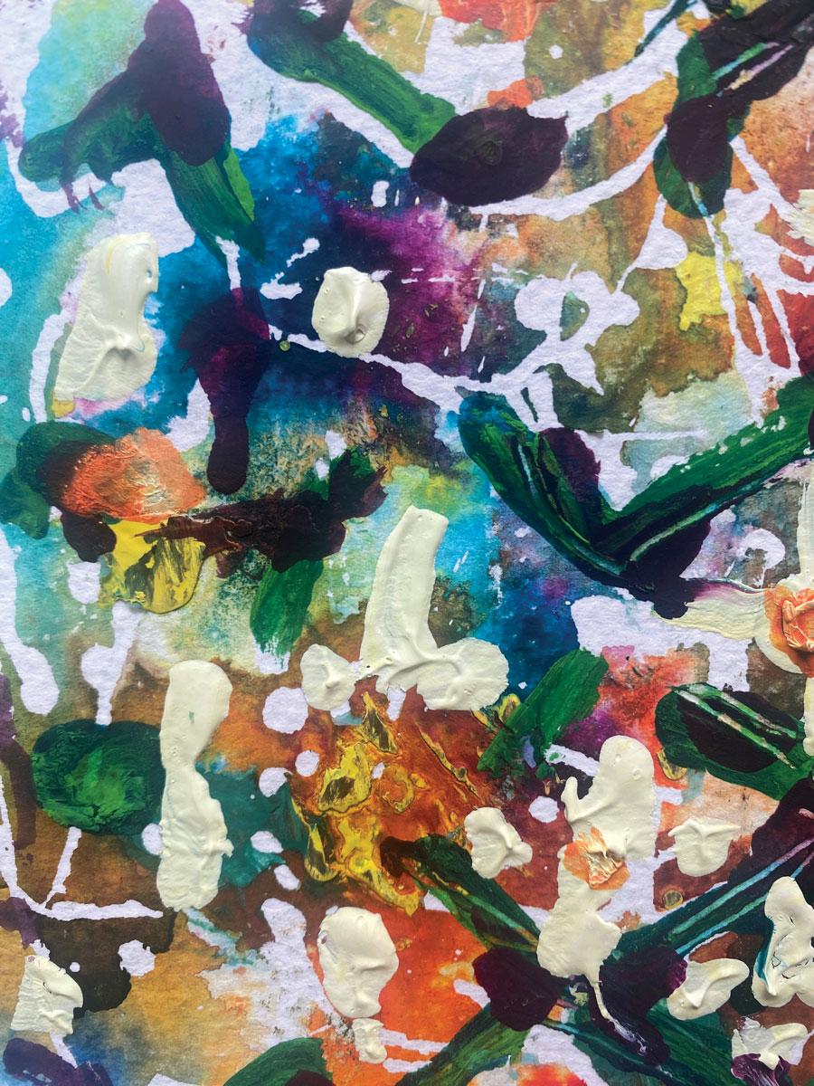 King Pine ist ein ausdrucksstarkes, lebhaftes Werk auf Papier, das die Farben und Texturen einer einfachen Ananas darstellt.  

Rachaels Arbeiten auf Papier sind besonders organisch.  Verdünnte Farbe wird auf eine feuchte Oberfläche aufgetragen, mit
