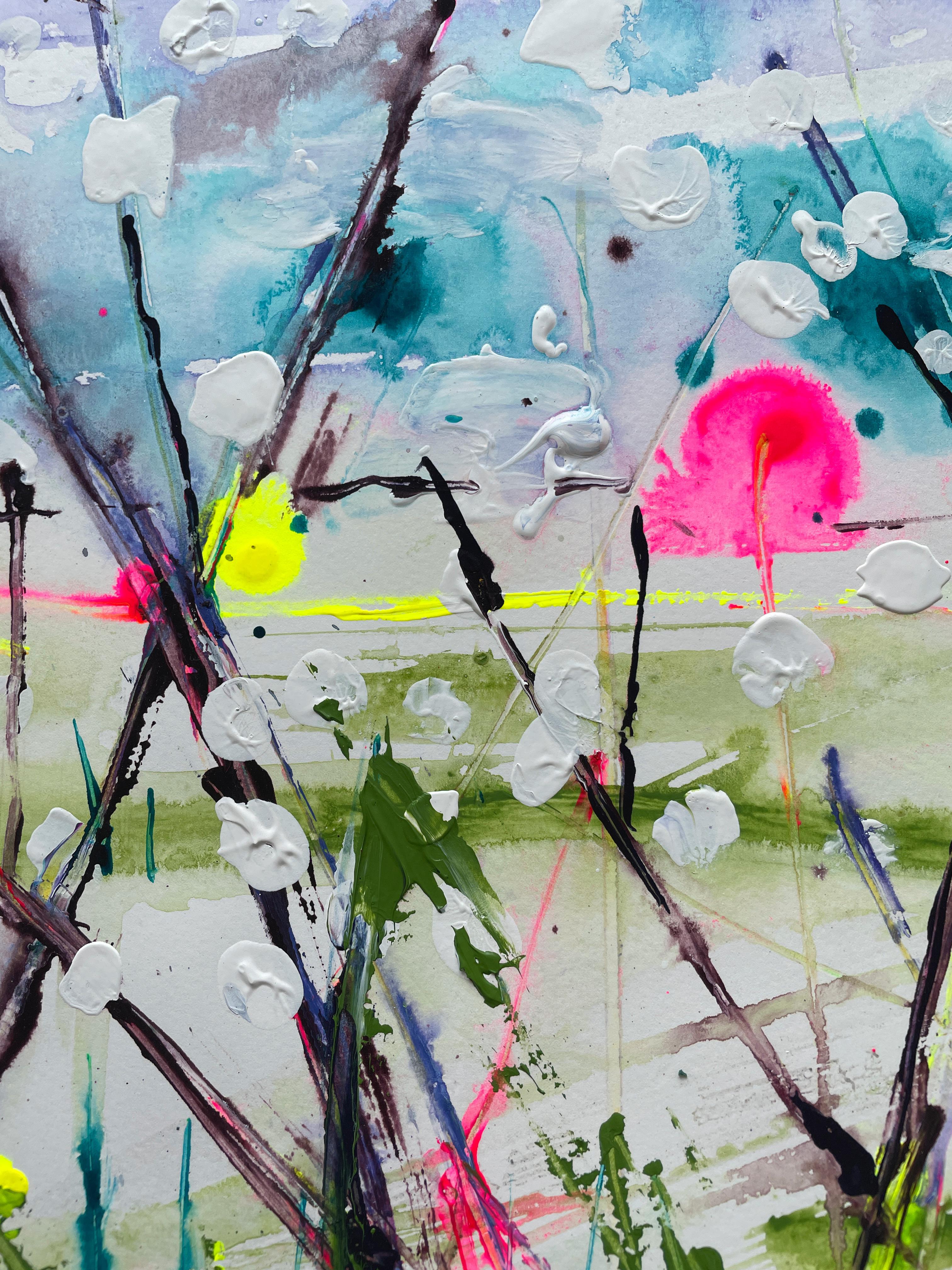 An expressive, vibrant painting of wild flowers in the fields on a warm summers day.  In this latest work Rachael Dalzell uses pops of neon paint.

Rachael’s works on paper are particularly organic.  Diluted paint is allowed to migrate on a damp