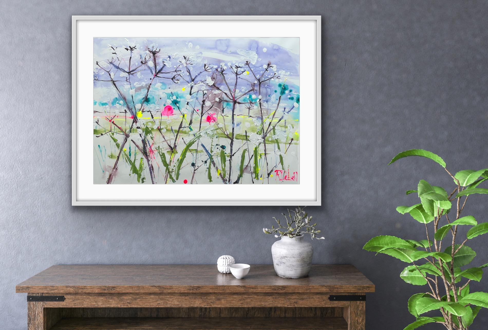 Late afternoon in the fields by Rachael Dalzell. Acrylic on paper. Unframed. For Sale 3