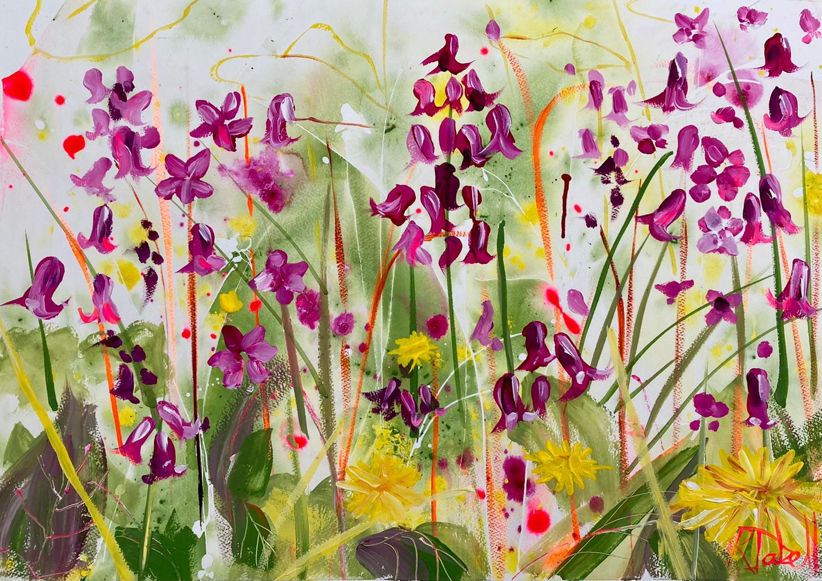 A lively and cheerful painting of wild flowers in the fields of  Norfolk during late spring.

Rachael’s works on paper are particularly organic.  Diluted paint is allowed to migrate on a damp surface, sticks are used to daub and scratch,  heavier