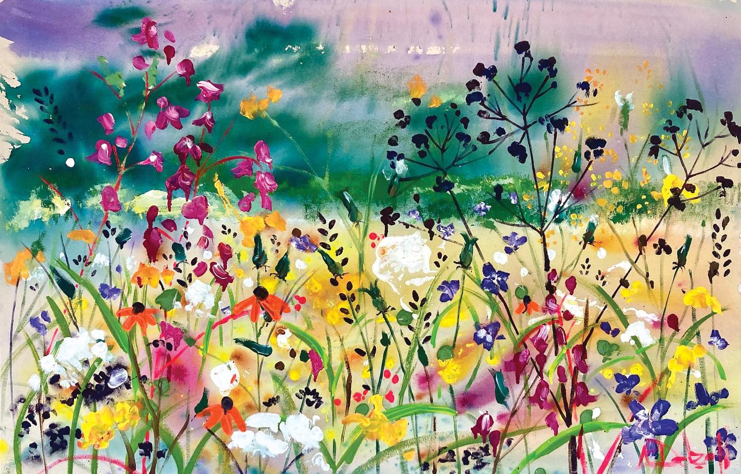 Inspired by the colourful fields filled with wild flowers and the low light of the September sun near where Rachael lives.

Rachael Dalzell’s paintings are colourful and expressive.  Her free and lively use of paint through various techniques,  mean