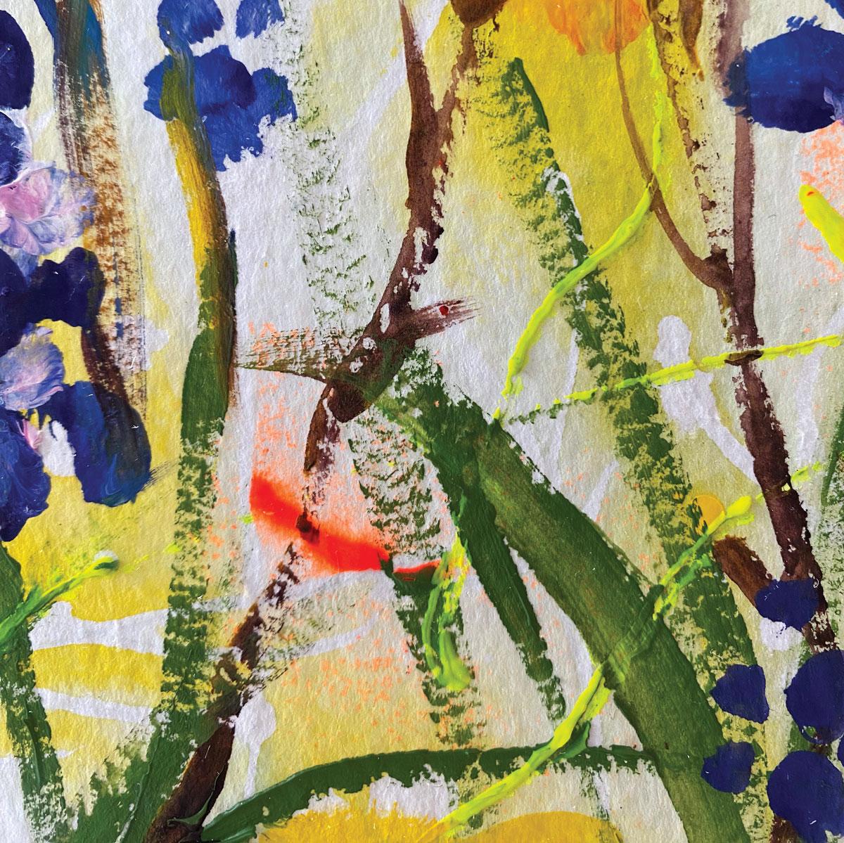 Muscari and Daffodils by Rachael Dalzell. Acrylic on paper. White wood frame 2
