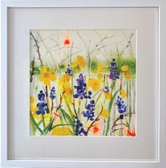 Muscari and Daffodils by Rachael Dalzell. Acrylic on paper. White wood frame