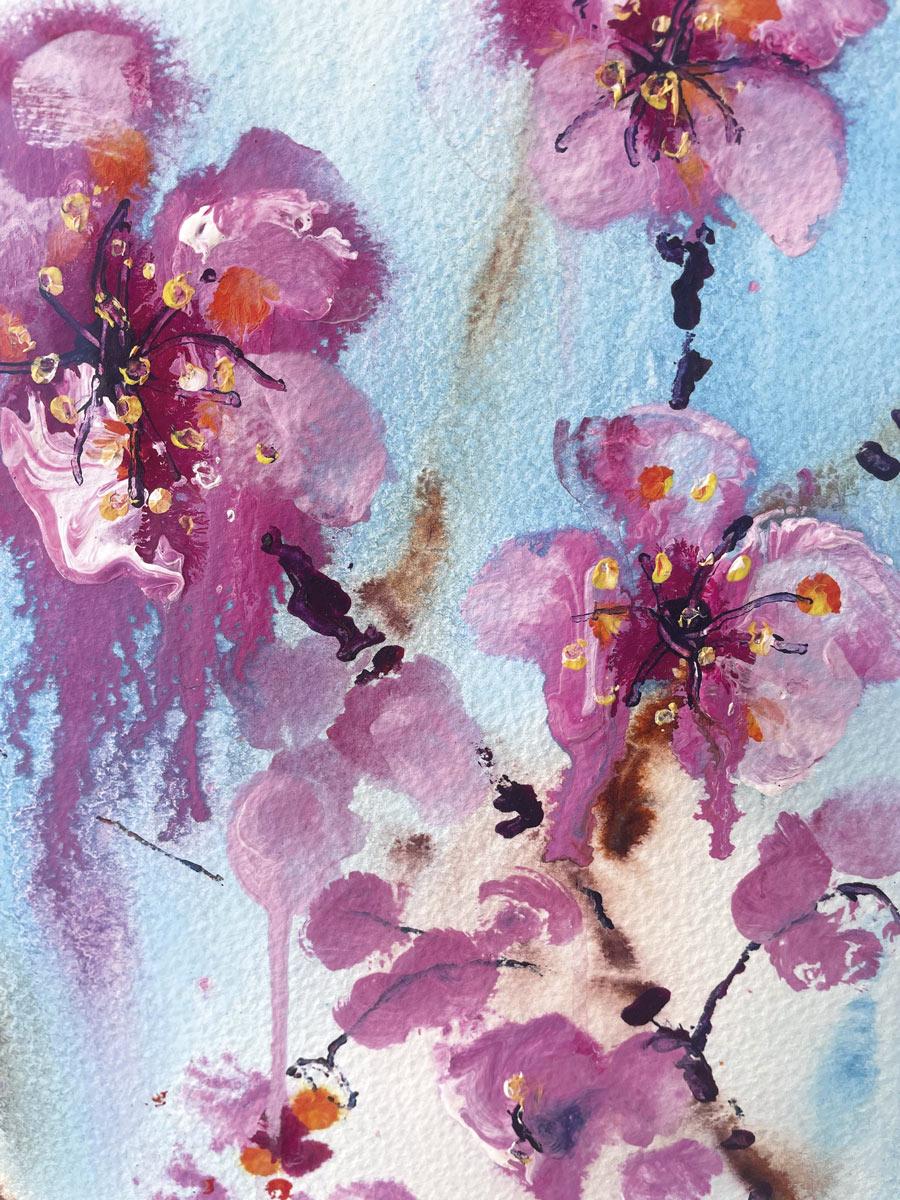 Rosa Blüten. von Rachael Dalzell. Acryl auf Papier. im Angebot 3