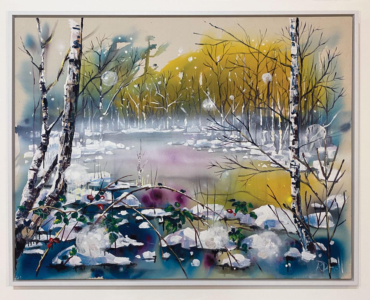 Ein ausdrucksstarkes Gemälde in den Farben des Winters.  Dieses Winterwunderland basiert auf einem See in der Nähe des Wohnorts von Rachael Dalzell in Norfolk.

Ein Großteil von Rachaels Arbeit basiert auf ihrem Leben in Norfolk, wo sie von der