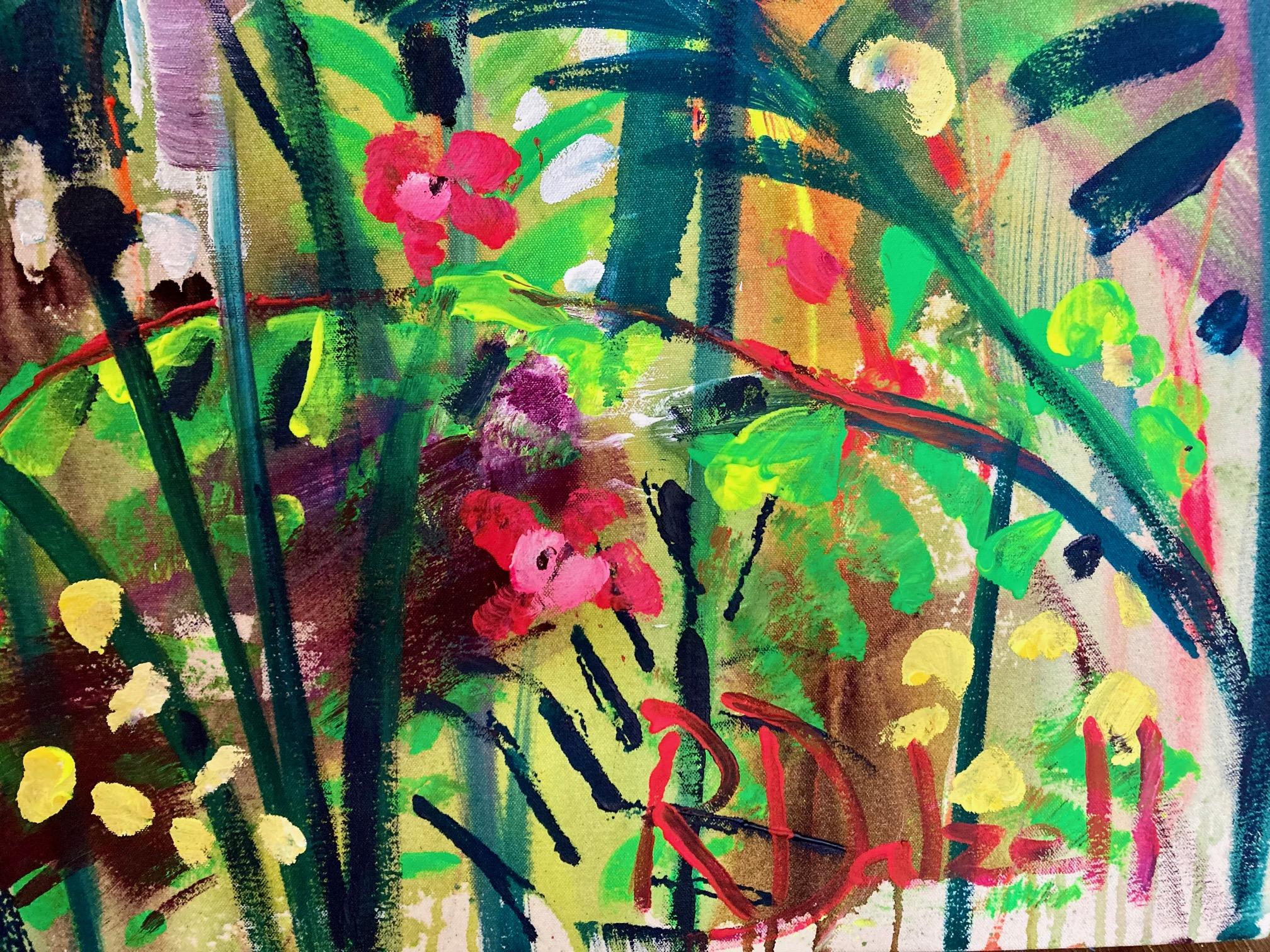 An impressive and vibrant painting based on a dense and shady woodland beside a lake near to where the artist lives.    In this work Rachael Dalzell uses Las​​​caux Crystal iridescent colour which adds  a subtle glimmer effect on the water.

Rachael
