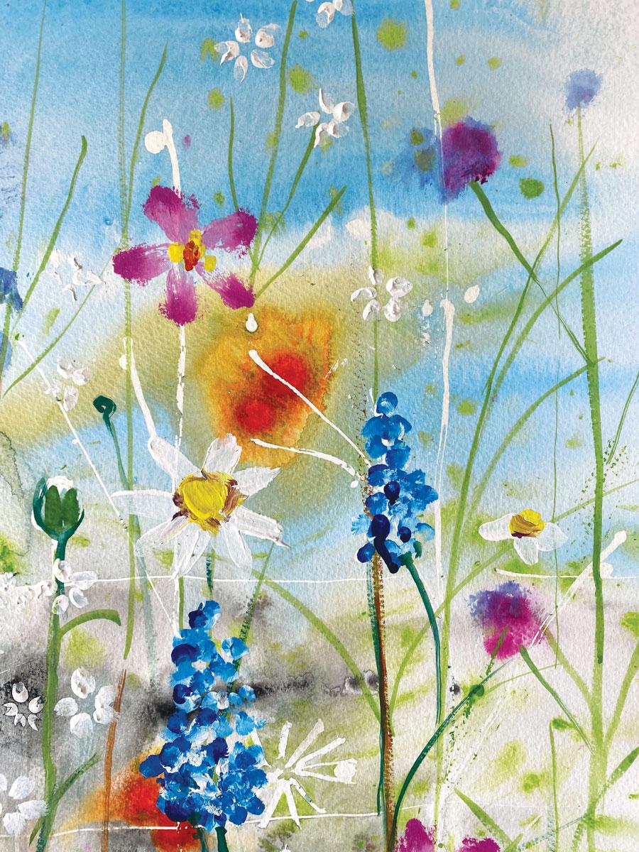 Spring is here is an expressive, vibrant work on paper. Splatters of paint create texture and pattern combined with the bright sunny colours, it is a celebration of the change in season after a long winter. Inspired by one of her many dog walks