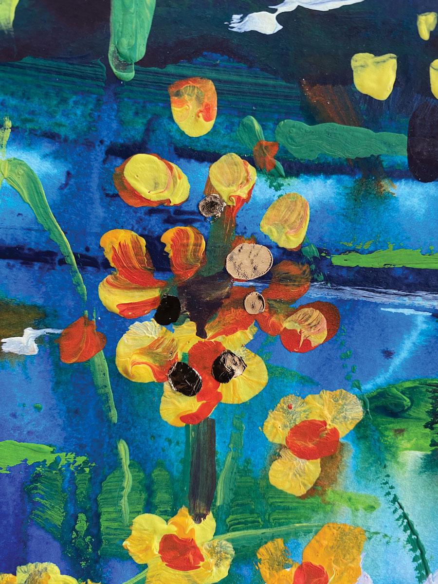 Still Waters - une peinture magnifique et lumineuse inspirée par les fleurs que Rachael voit lors de ses nombreuses promenades le long des marais du Norfolk. La feuille d'or  ajoute une touche de magie à ce cadre calme et serein.

Les œuvres sur