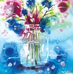 "La promessa dell'estate" di Rachael Dalzell. Un vaso di fiori blu e rossi