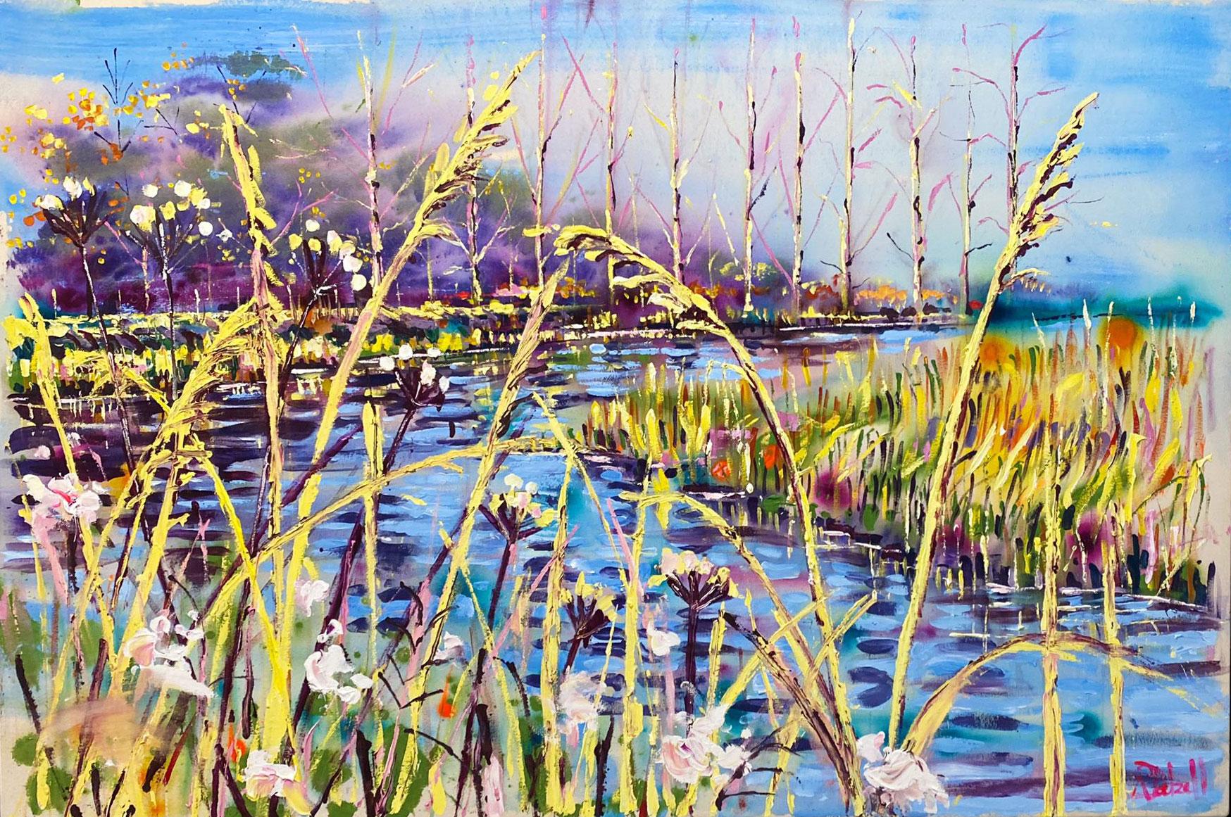 An artwork filled with vibrant colour and painted with a free and expressive use of acrylic paint on canvas.  ‘The air is chilled’ is very atmospheric and  has a wonderful depth.  It is based on the Bure river, Norfolk during the cold winter