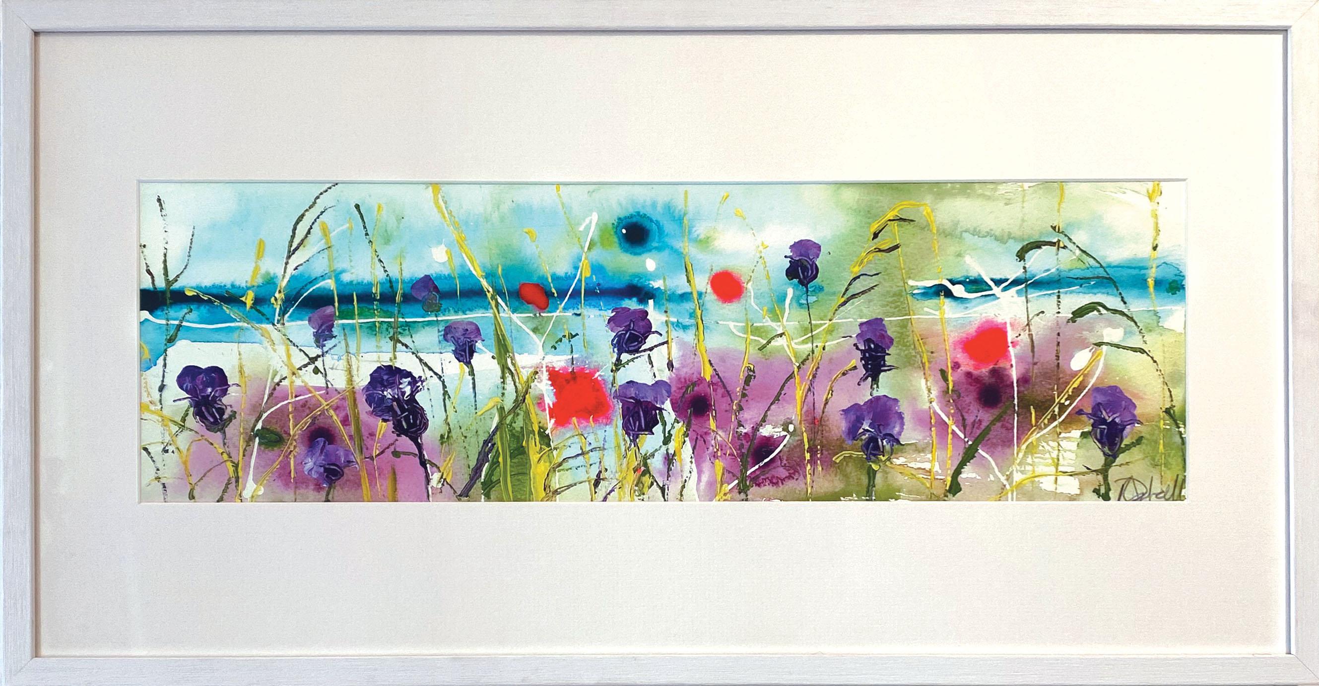 Rachael’s works on paper are particularly organic.  Diluted paint is allowed to migrate on a damp surface, sticks are used to daub and scratch,  heavier splatters are dropped, lines are augmented until a balance is reached.  The works are painted on