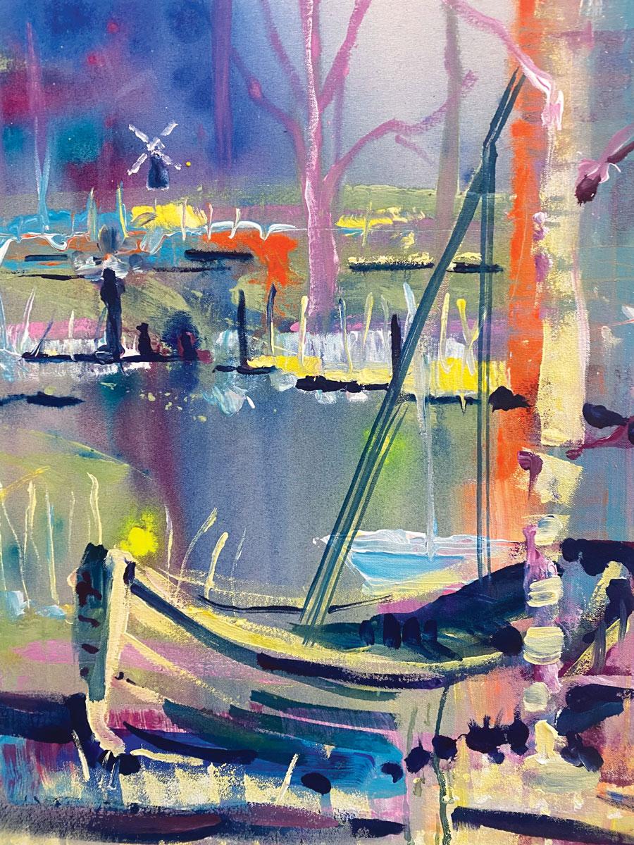 ’The Hidden Boat House' is an impressive painting inspired by the North Norfolk Broads near to where Rachael lives.

Rachael Dalzell’s paintings are colourful and expressive.  Her free and lively use of paint through various techniques,  mean that
