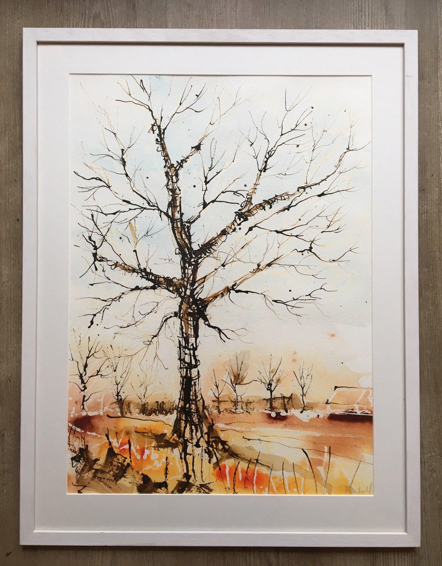 The Lonesome Oak de Rachael Dalzell. Peinture acrylique sur papier avec cadre en bois en vente 1