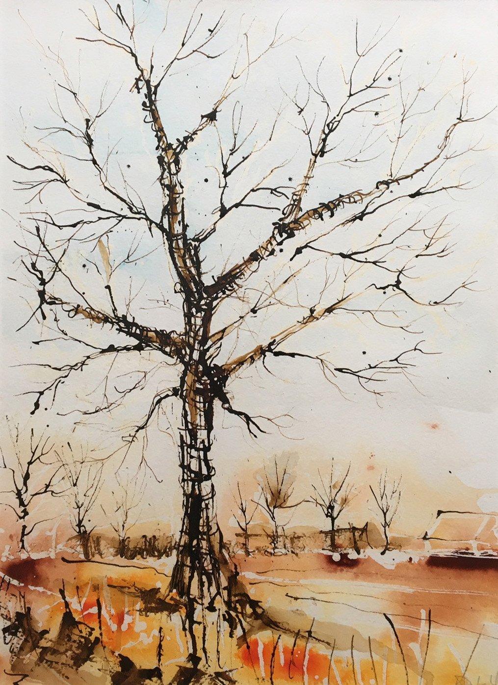 Les arbres d'hiver, dépouillés de leurs feuilles, montent la garde au-dessus des champs labourés du Norfolk

Les œuvres sur papier de Rachael sont particulièrement organiques. On laisse la peinture diluée migrer sur une surface humide, on utilise