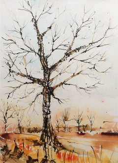 The Lonesome Oak de Rachael Dalzell. Peinture acrylique sur papier avec cadre en bois