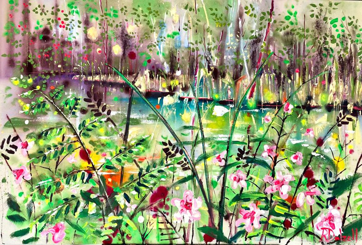 An artwork filled with vibrant colour and painted with a free and expressive use of acrylic paint on canvas.  'This lovely dell is all my own' is a quiet shady spot beside a lake with pops of vibrant colours. Rachael draws her inspiration from near