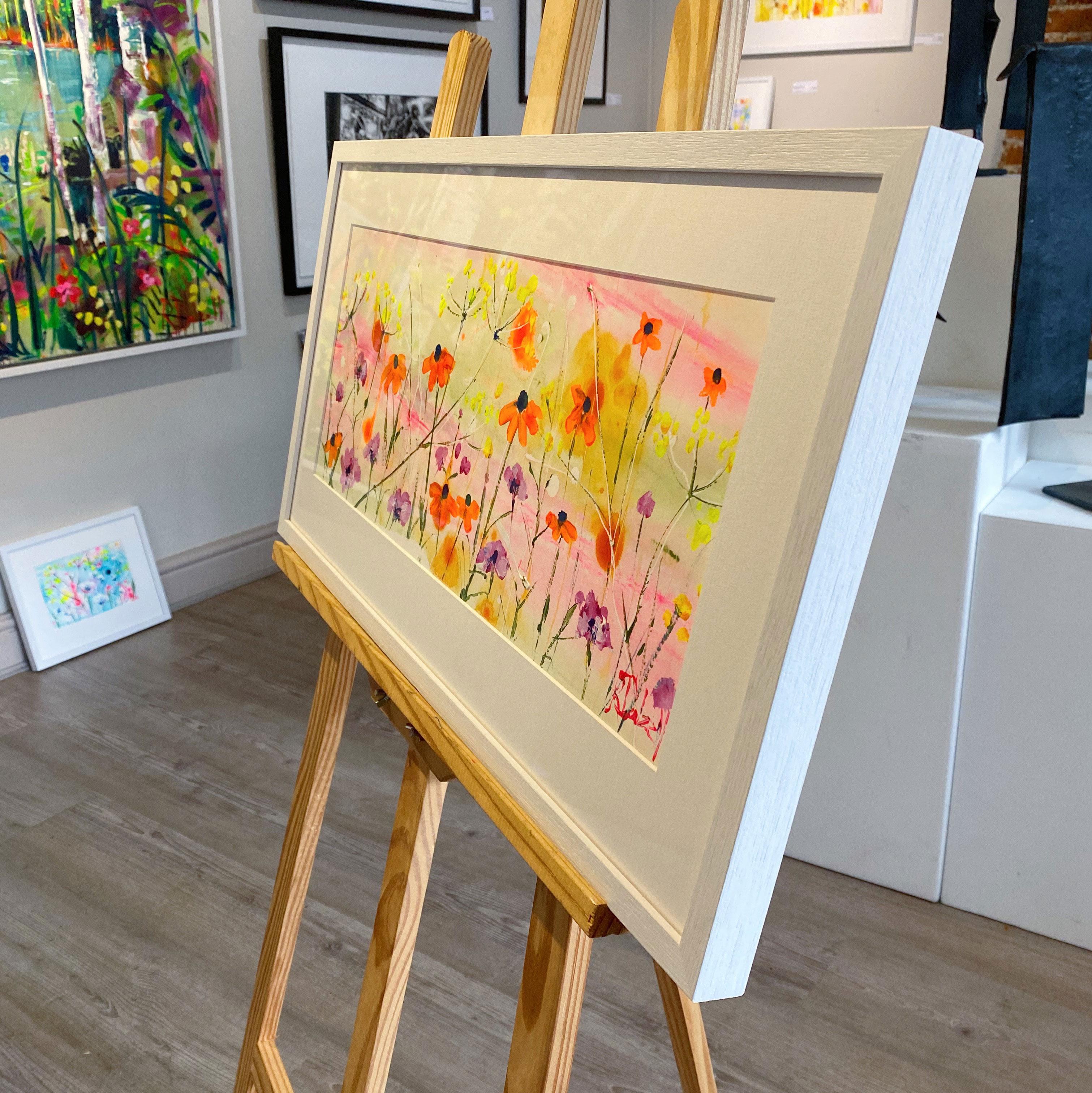 Gerberas against a pink sky…   A charming piece based on bright flowers.

Rachael’s works on paper are particularly organic.  Diluted paint is allowed to migrate on a damp surface, sticks are used to daub and scratch,  heavier splatters are dropped,