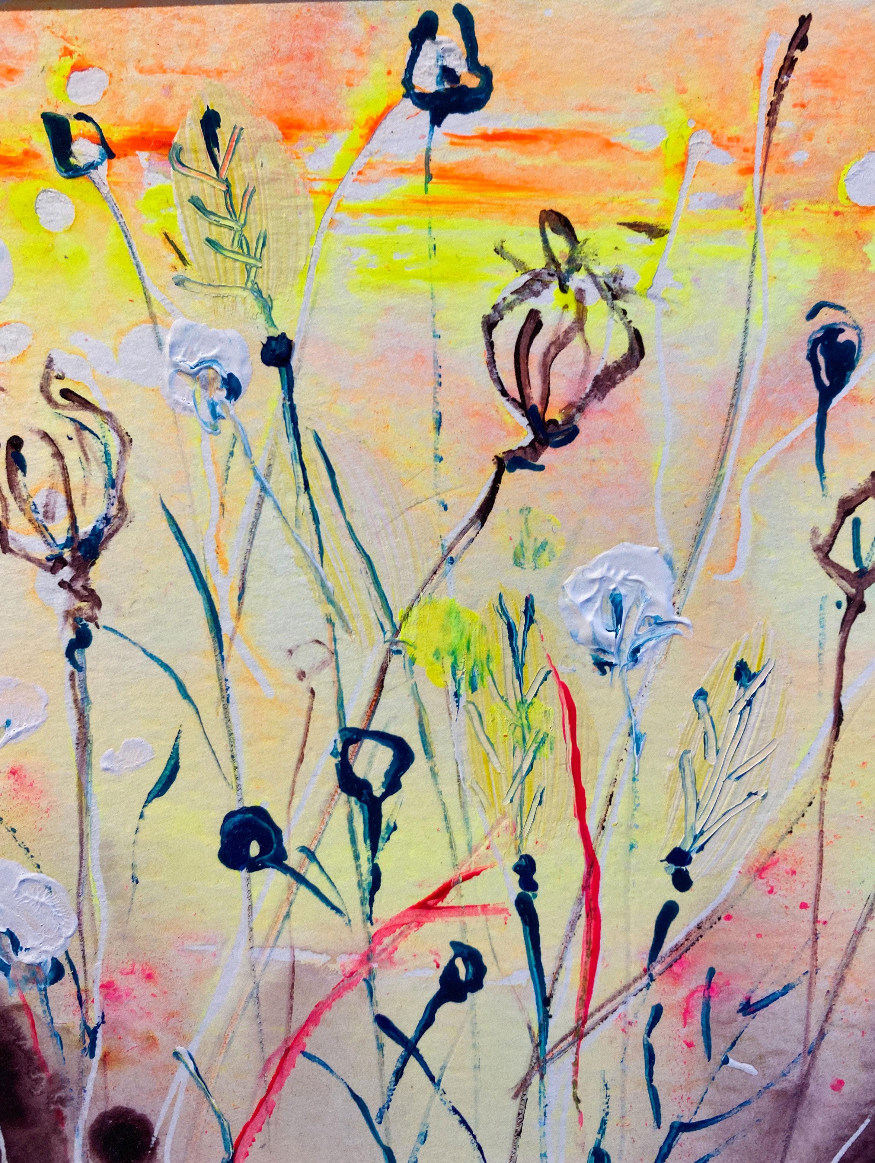 To belong among the wild flowers. Acrylic on paper. White wood frame - Painting by Rachael Dalzell