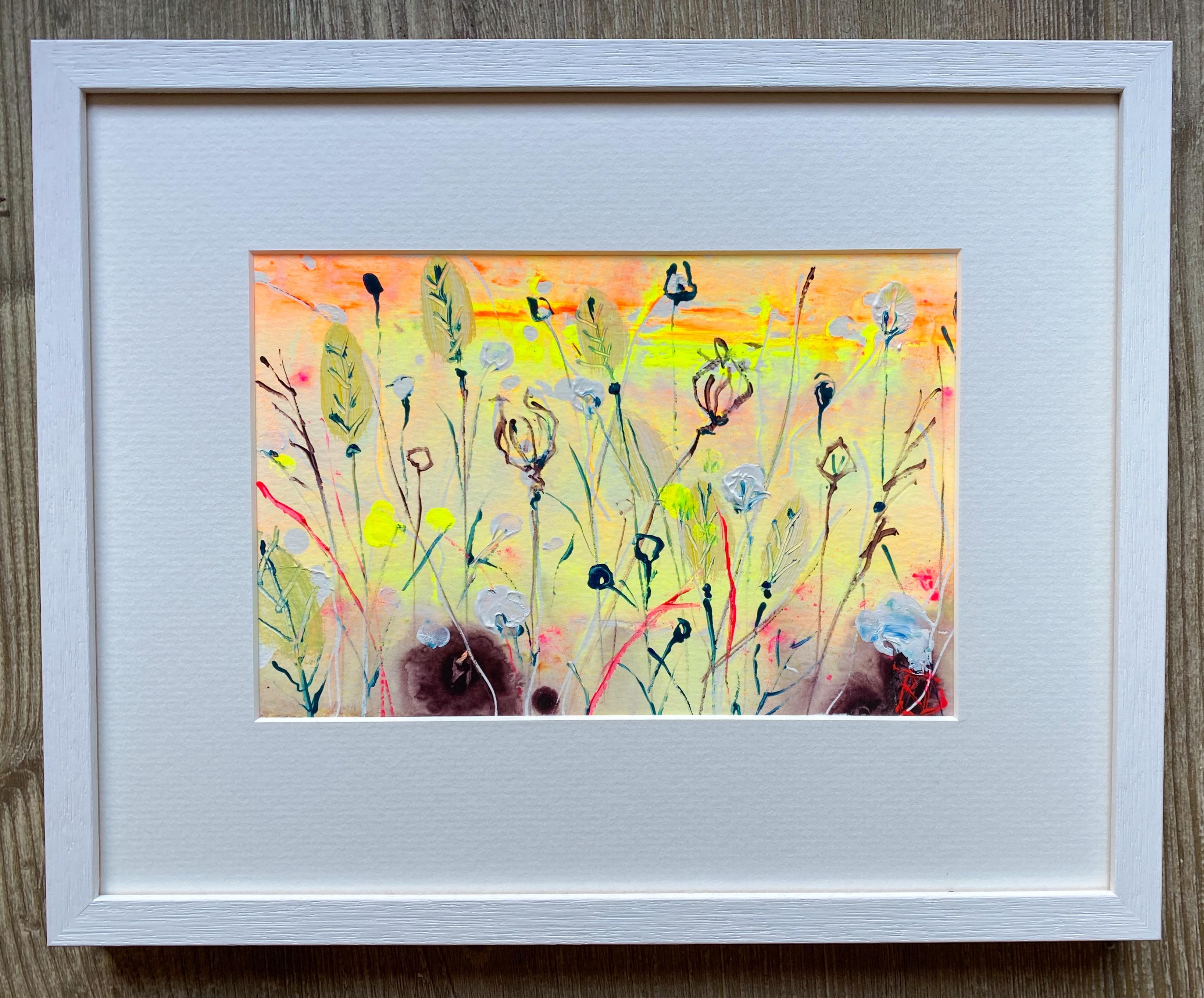 To belong among the wild flowers. Acrylic on paper. White wood frame - Impressionist Painting by Rachael Dalzell
