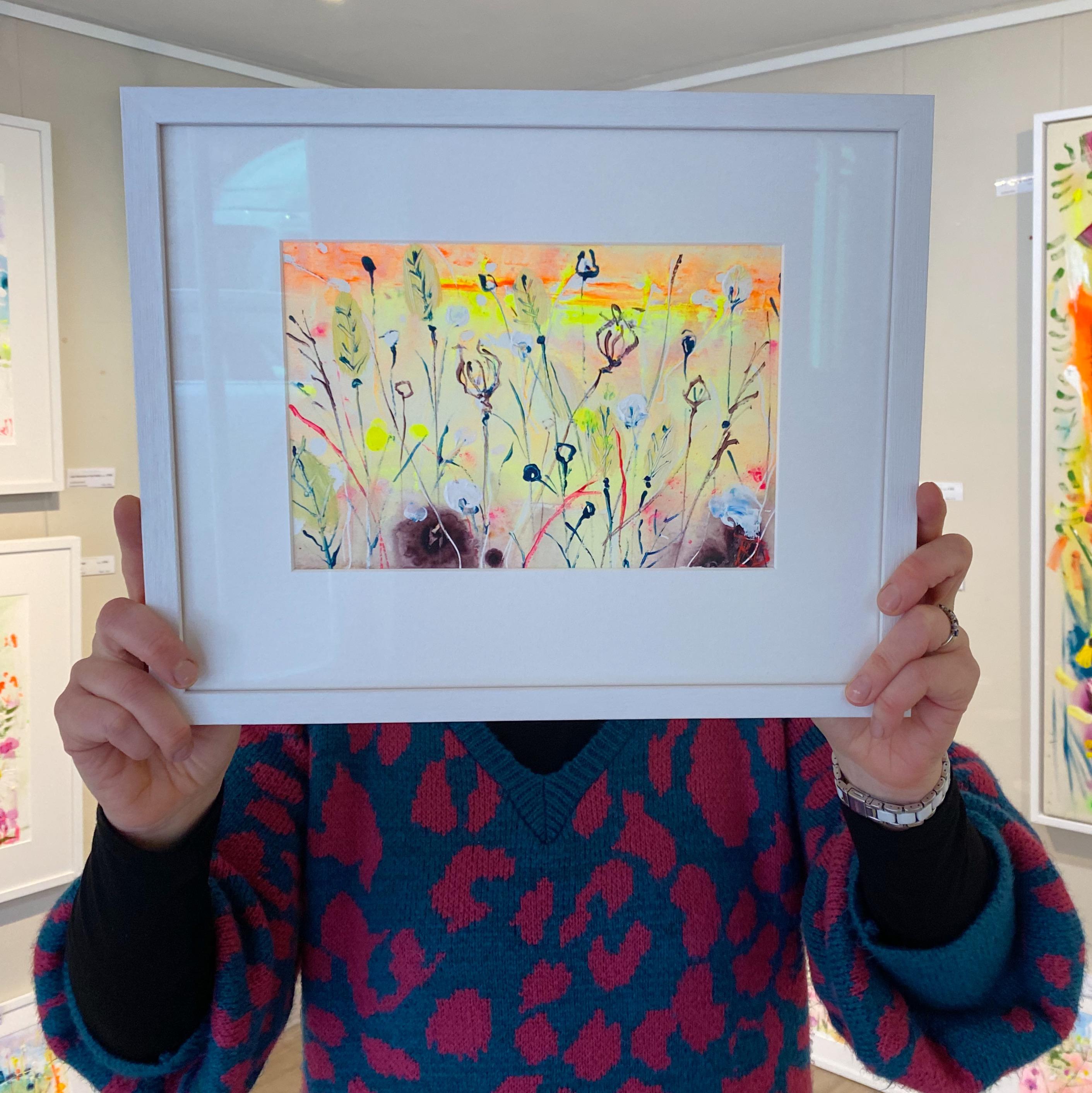  A warm and uplifting artwork based on a summer evening in the british countryside.

Rachael’s works on paper are particularly organic.  Diluted paint is allowed to migrate on a damp surface, sticks are used to daub and scratch,  heavier splatters