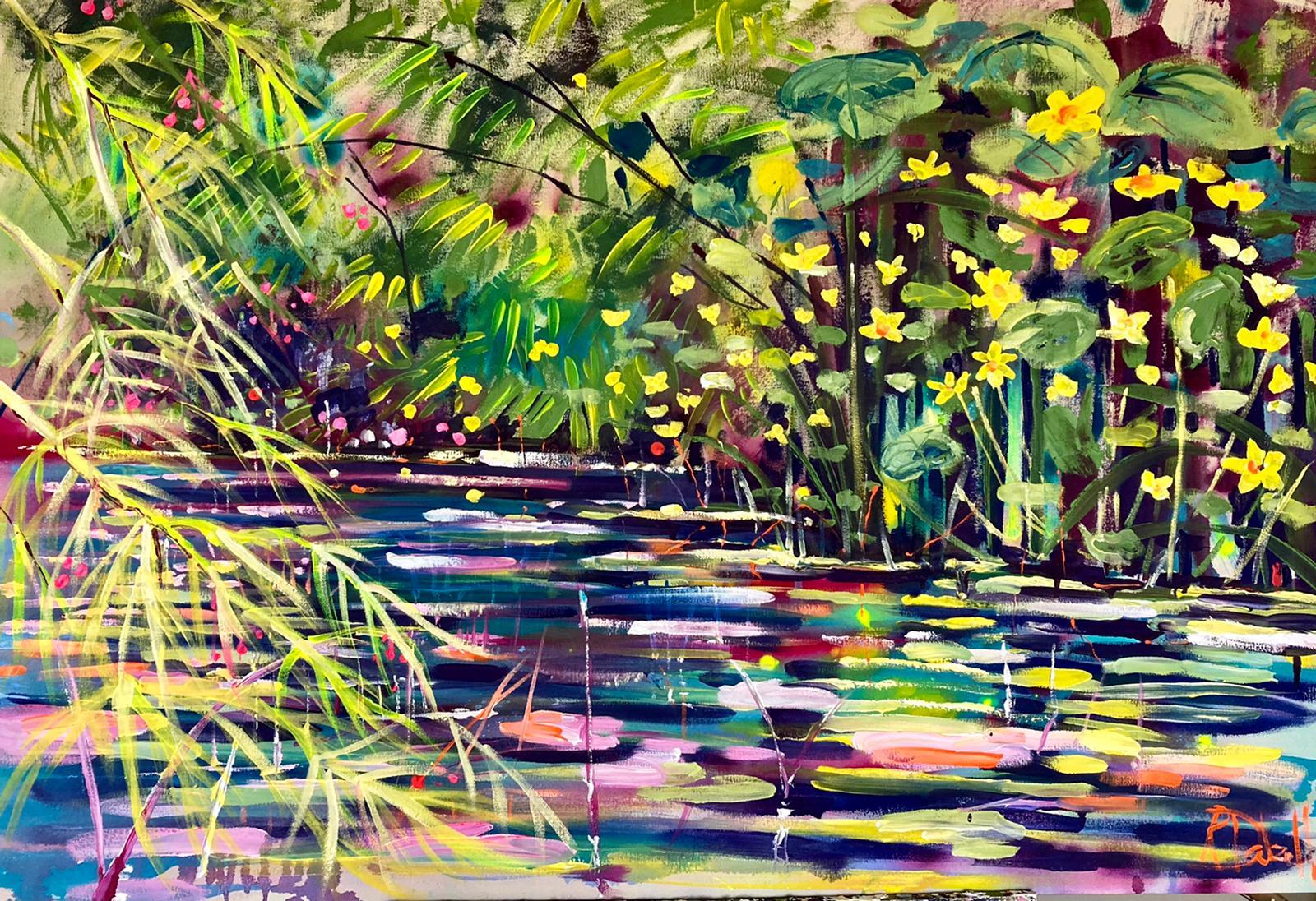 tranquil water" est une peinture vibrante qui évoque des souvenirs d'étés d'enfance sur la rivière.  Les feuilles douces au premier plan ajoutent de la profondeur à la pièce, tandis que le regard est attiré vers la banque au-delà.....


Les
