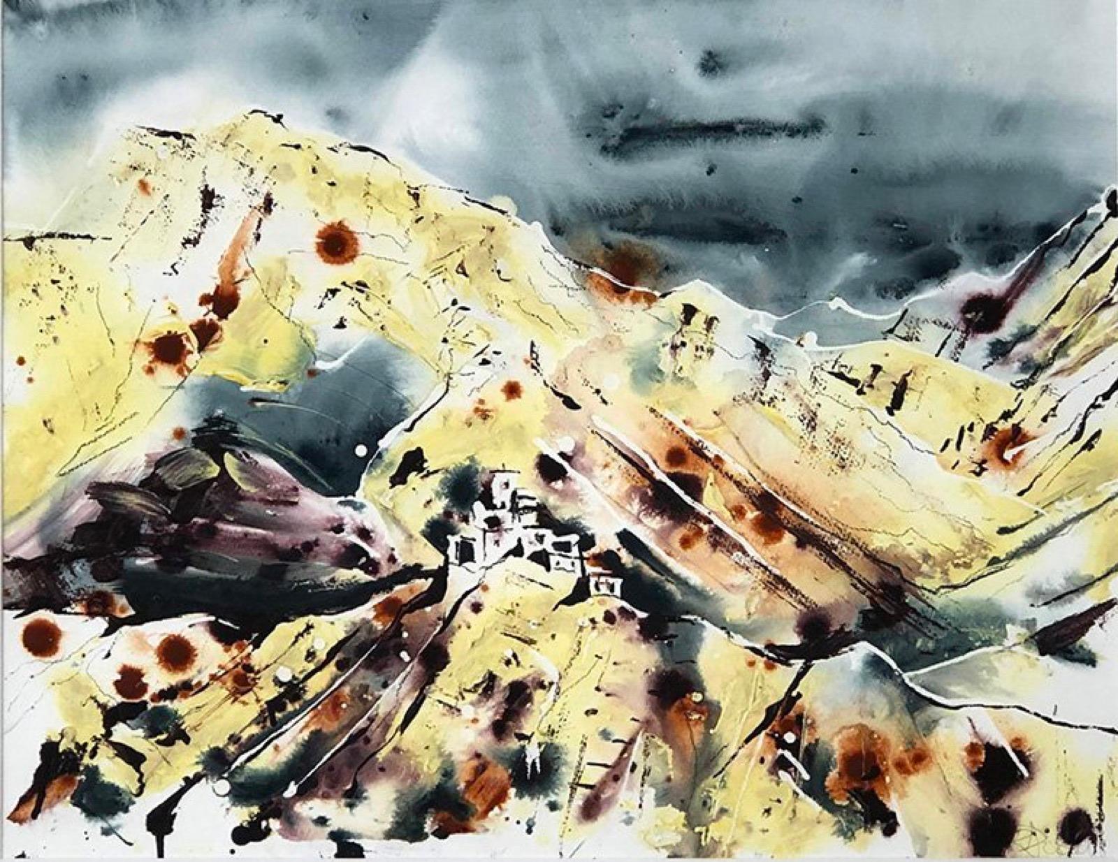 Tsemo Gompa looks out over the valley of Leh, capital of Ladakh, high in the Himalaya.

Rachael’s works on paper are particularly organic. Diluted paint is allowed to migrate on a damp surface, sticks are used to daub and scratch, heavier splatters