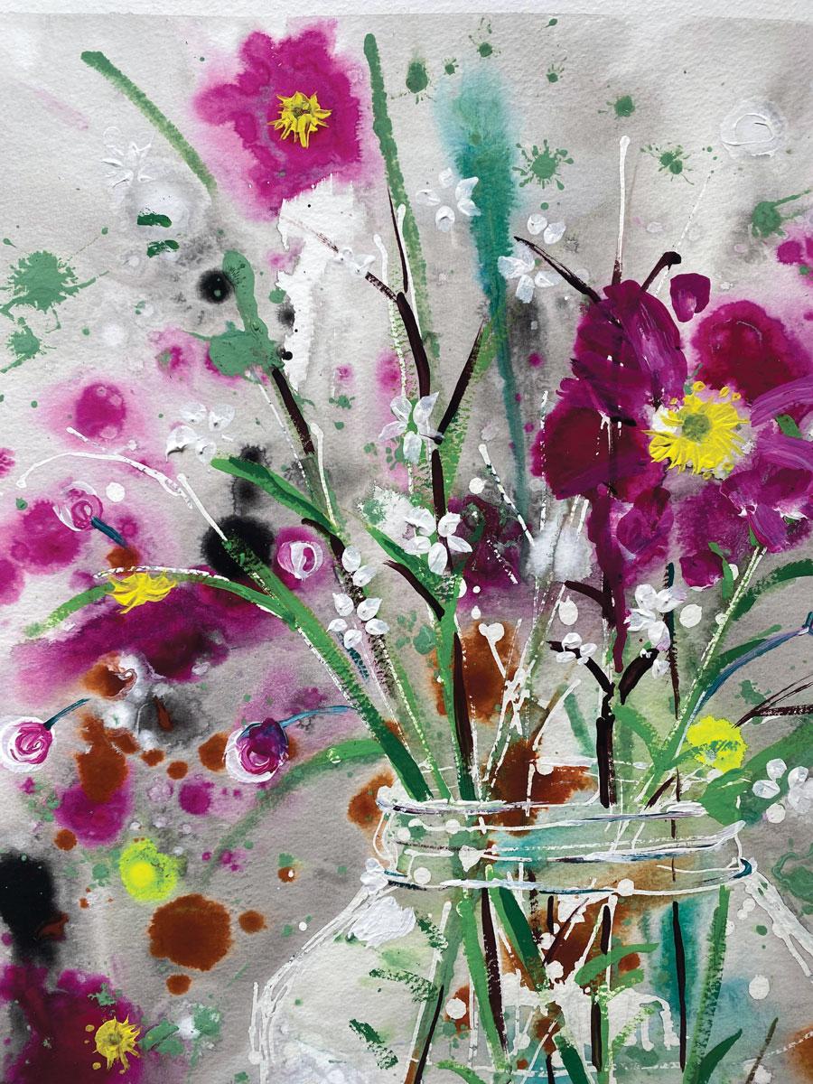 Vase of flowers # 3  is part of an expressive, vibrant series of works on paper. With splatters of paint to create texture and pattern, it is an exciting still life of  flowers collected by Rachael on one of her many dog walks around the Norfolk
