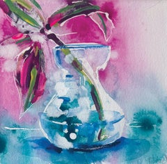 Vaso sul davanzale. Di Rachael Dalzell. Fiori rosa e turchesi nel vaso