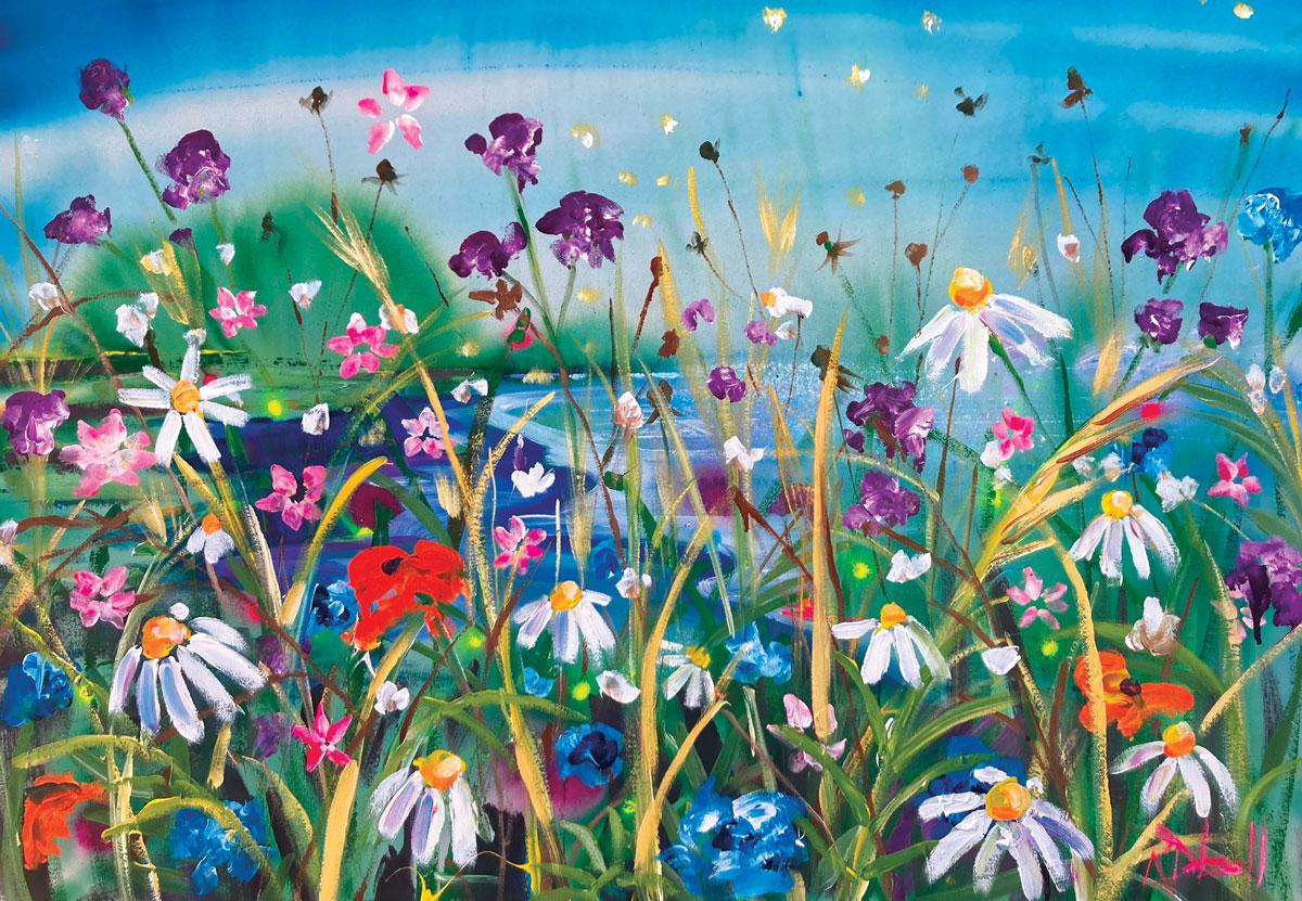 In den Sommermonaten lässt sich Rachael auf den Küstenwegen von North Norfolk von dem weiten Himmel und den wilden Blumen inspirieren. Aus einer Reihe von Fotos erstellt sie ein Gemälde. Ihr Einsatz von leuchtenden Farben und lebendiger Technik
