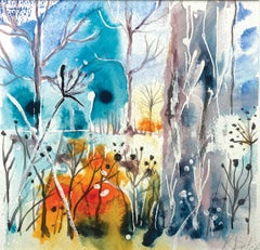 Woodland in winter by Rachael Dalzell. Acrylic on paper.