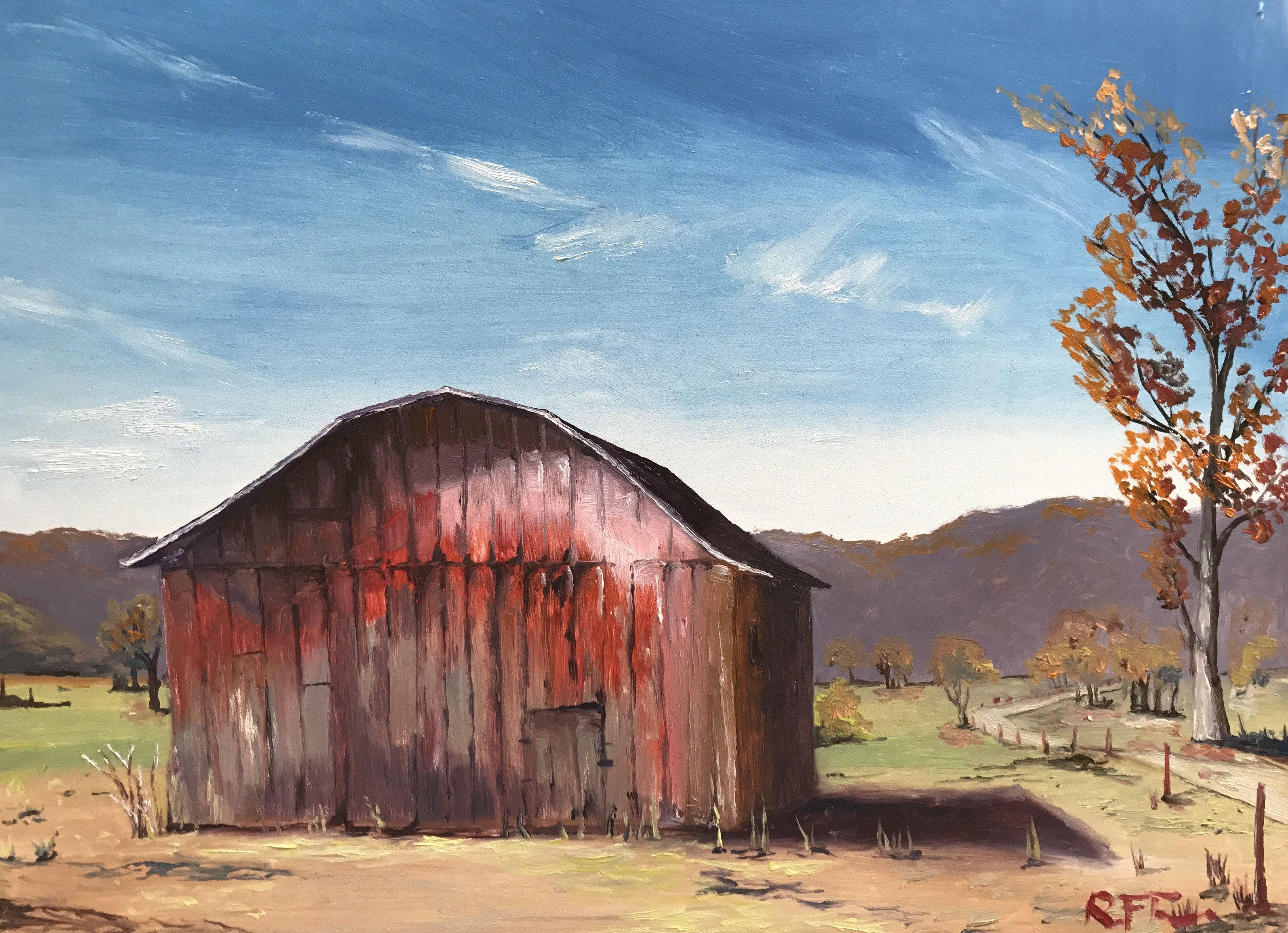 A Barn Along the Pig Trail in Ozark National Fores, Gemälde, Öl auf MDF-Tafel – Painting von Rachael Florence