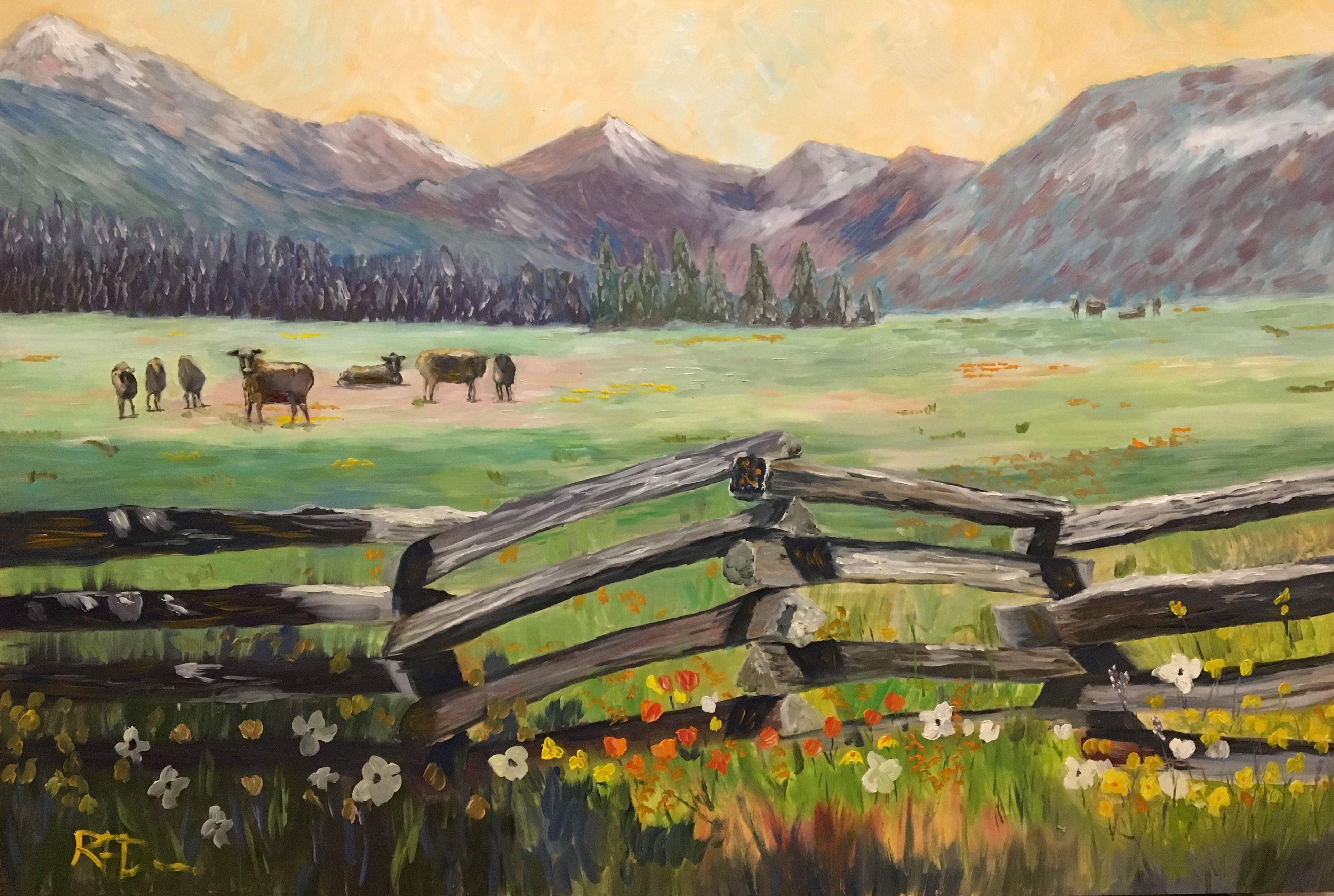 A Meadow with Cows and Wildflowers near Lassen Nat, Gemälde, Öl auf MDF-Tafel – Painting von Rachael Florence