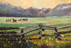 A Meadow with Cows and Wildflowers near Lassen Nat, Painting, Oil on MDF Panel