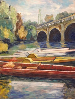 Impressionist Landscape of Boats in Oxford, Englan, Painting, Oil on MDF Panel
