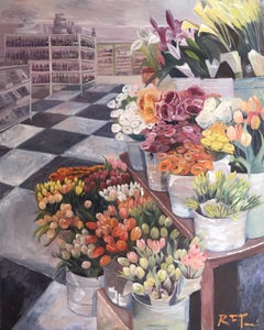 Large Oil on Canvas of a Flowers for Sale, Painting, Oil on Canvas