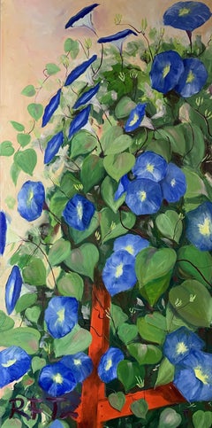 Morning Glories on a Red Trellis, Painting, Oil on Canvas