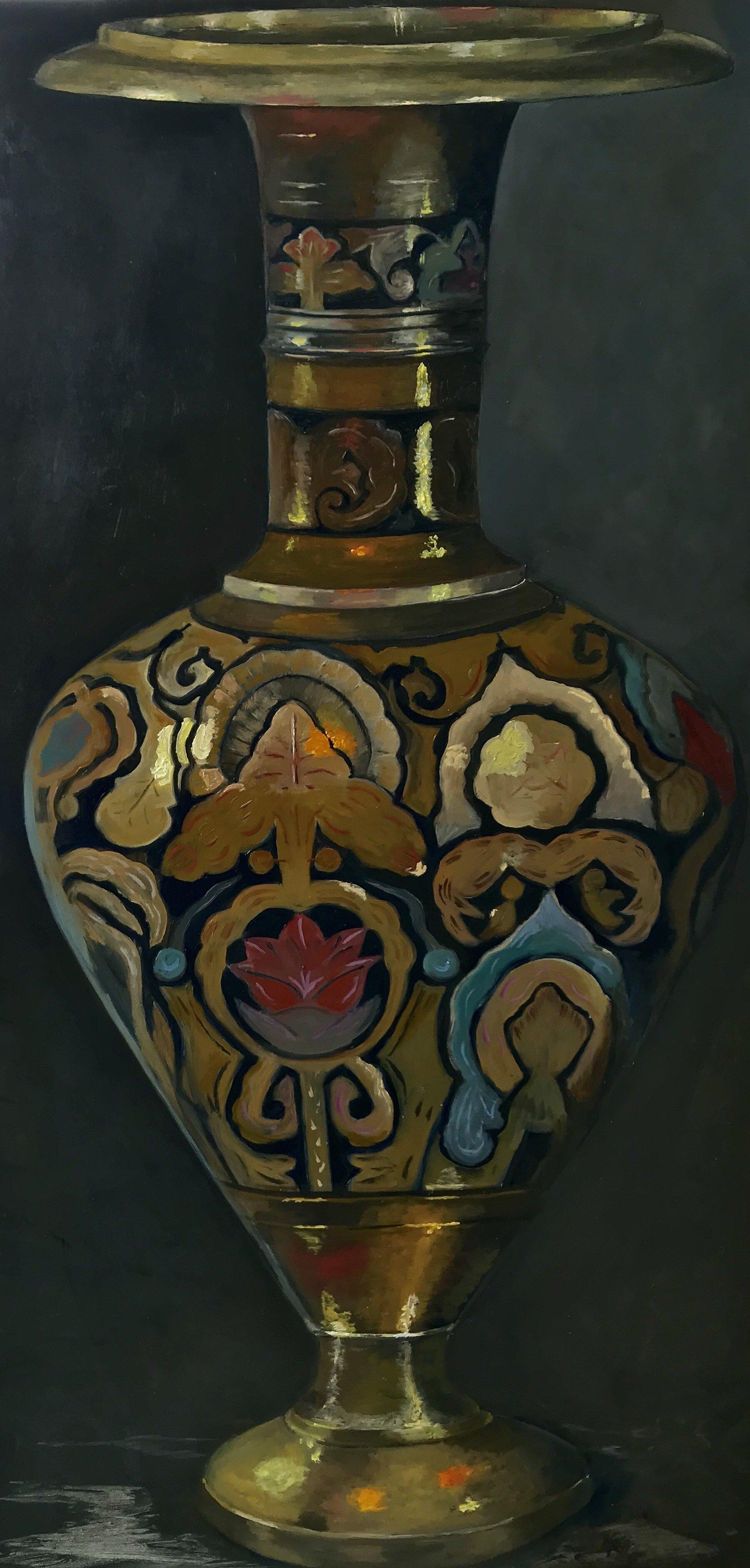 This is a realistic oil painting of an antique Indian brass vase.  I painted it because I just loved how many colors there were in the shine of the brass once I really studied it.  This piece is painted on a museum quality archival panel, is
