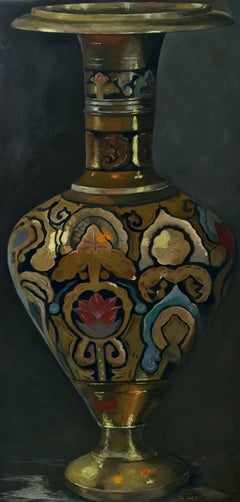 Realistic Antique Indian Brass Vase Oil Painting, Painting, Oil on MDF Panel