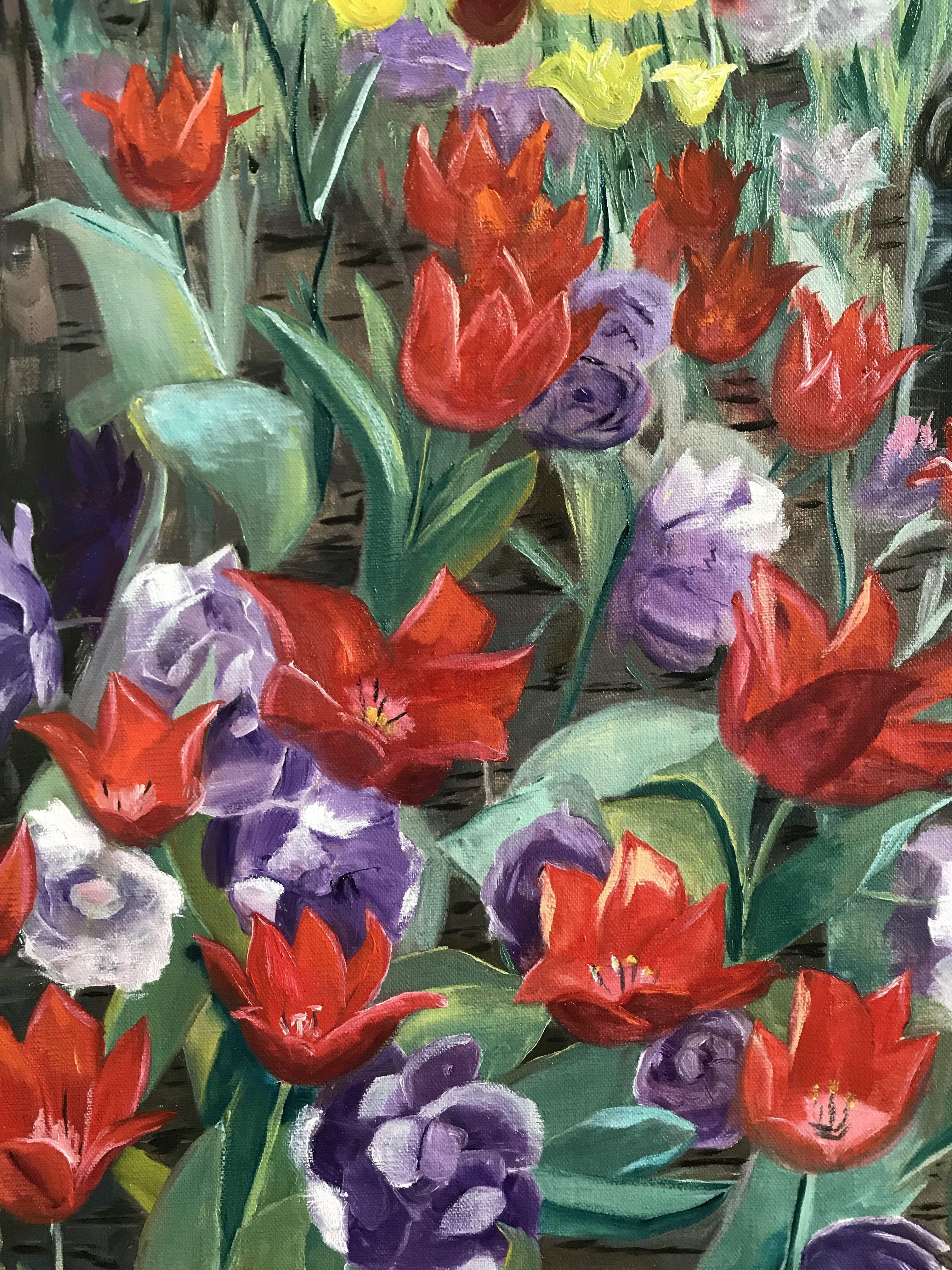 Frühlingsrosa Tulpen-Holzland in den botanischen Gärten von Garvan, Gemälde, Öl auf Leinwand (Impressionismus), Painting, von Rachael Florence