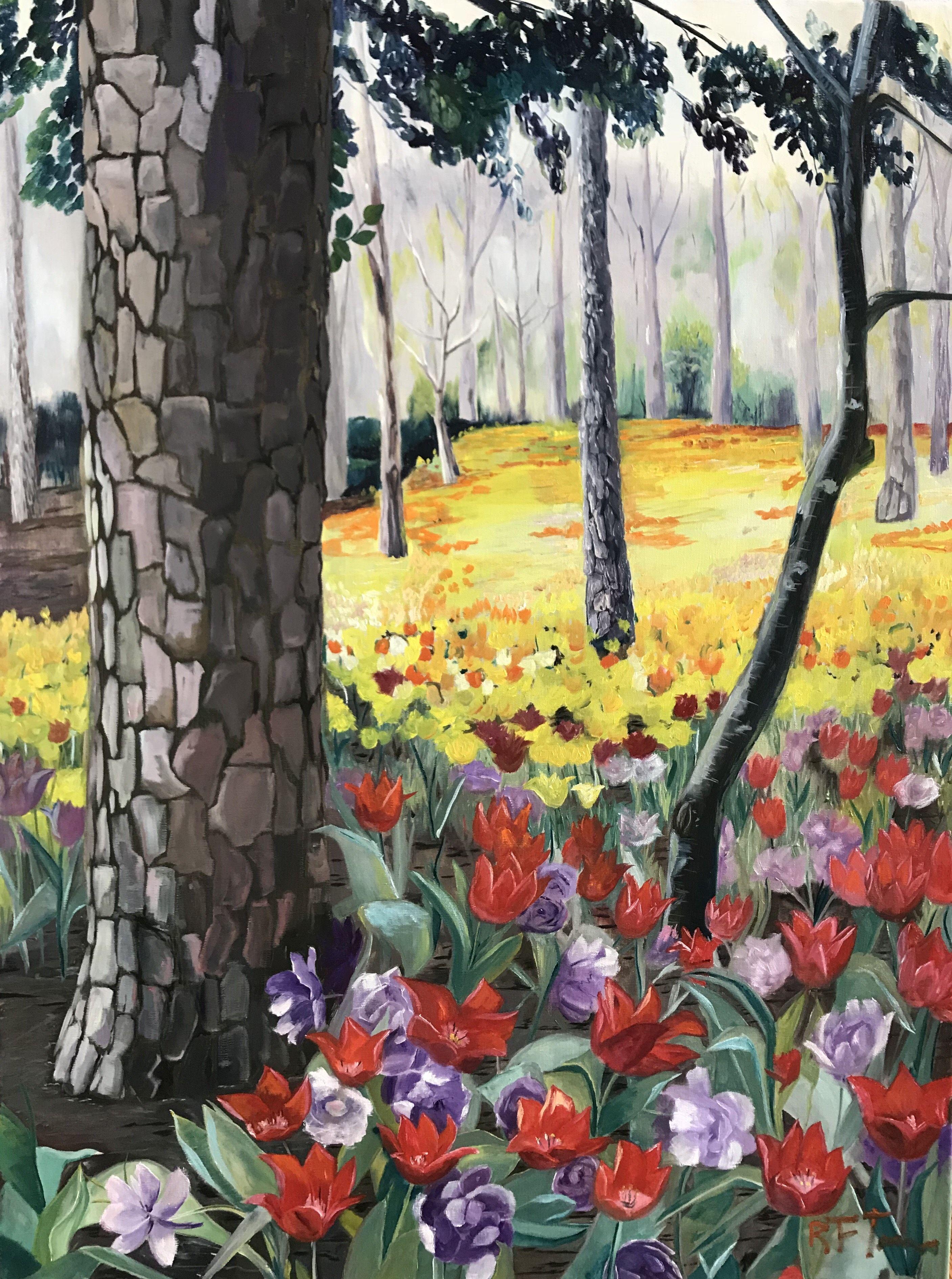 Frühlingsrosa Tulpen-Holzland in den botanischen Gärten von Garvan, Gemälde, Öl auf Leinwand – Painting von Rachael Florence
