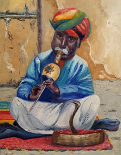 The Snake Charmer at the Amber Palace in Jaipur, Painting, Oil on MDF Panel