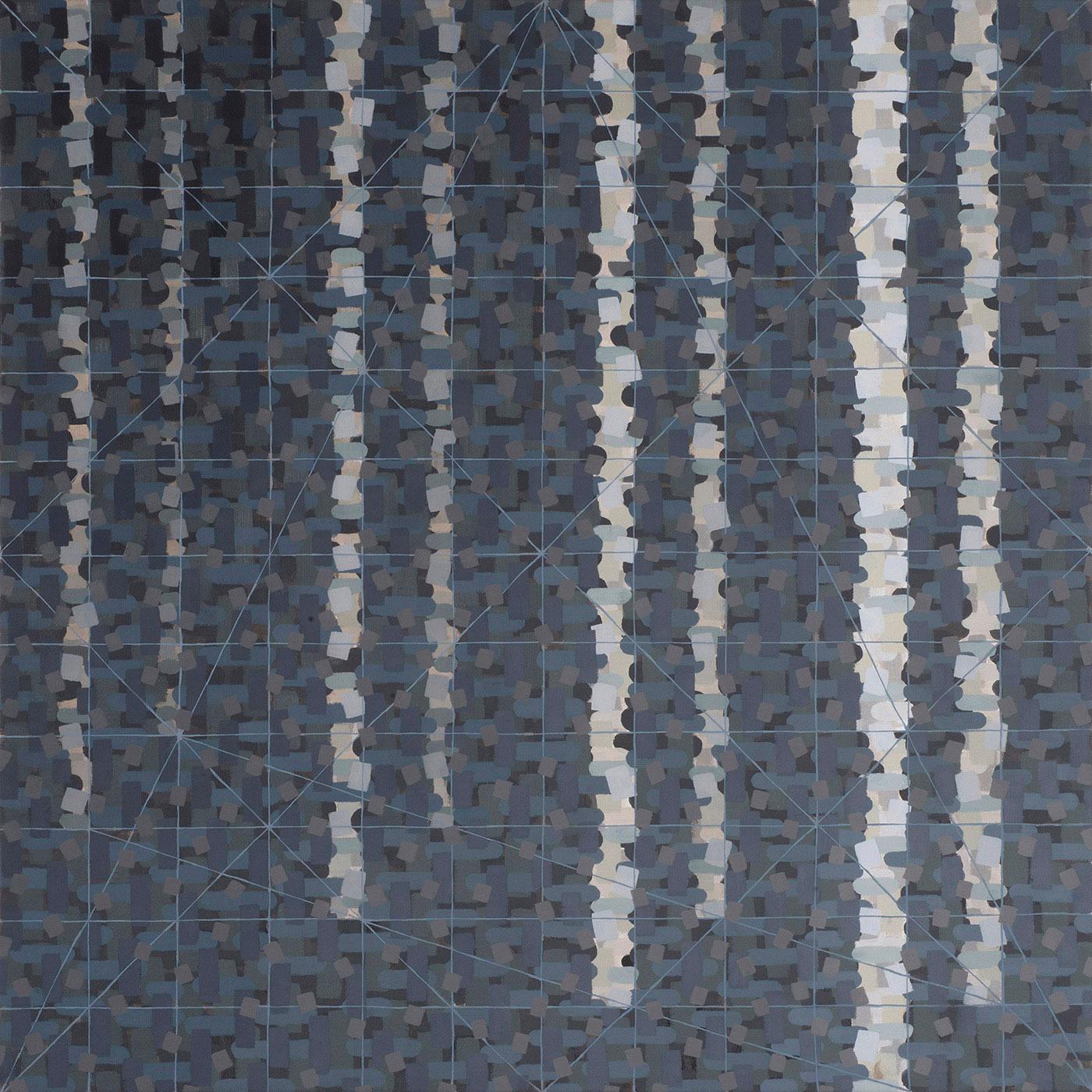 Rachael Wren Landscape Painting - "Elegy", oil painting on linen, geometric abstraction, grey, silver, black, blue