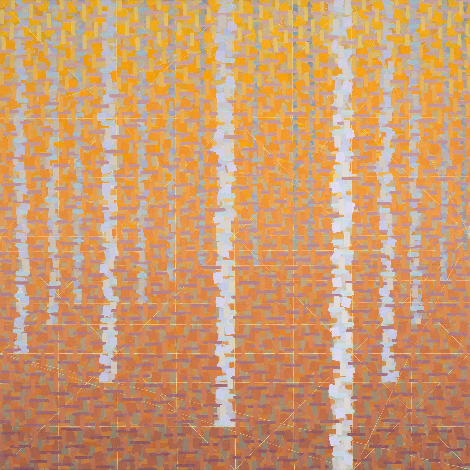 Rachael Wren Abstract Painting - "ENDLESS SEASON", oil painting on linen, geometry, nature, copper, silver, trees