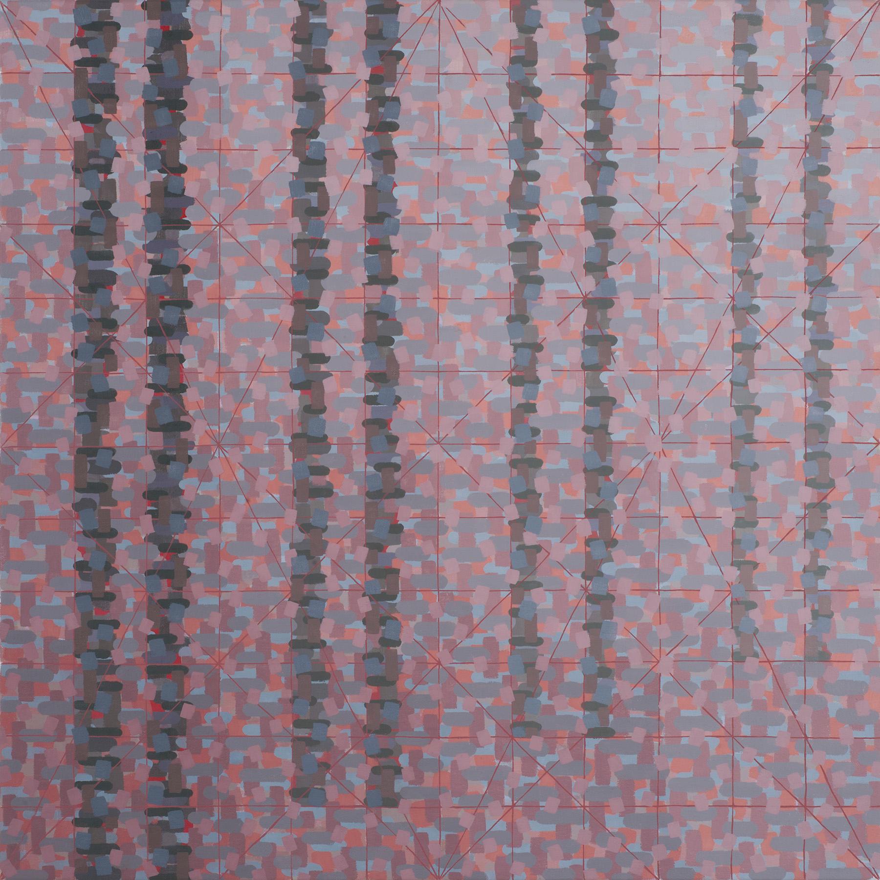 Rachael Wren Landscape Painting - "NEVERTHELESS", oil painting on linen, geometric, violet, orange, grey, trees