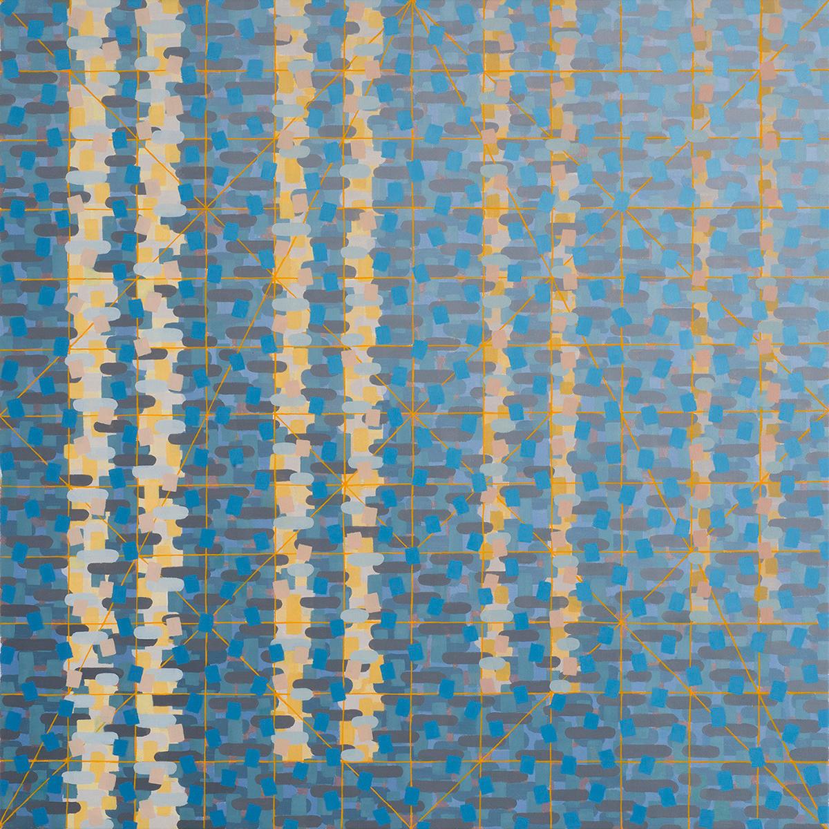 Rachael Wren Landscape Painting - "RECURRENCE", oil painting on linen, geometric, blue, grey, silver, tan, trees