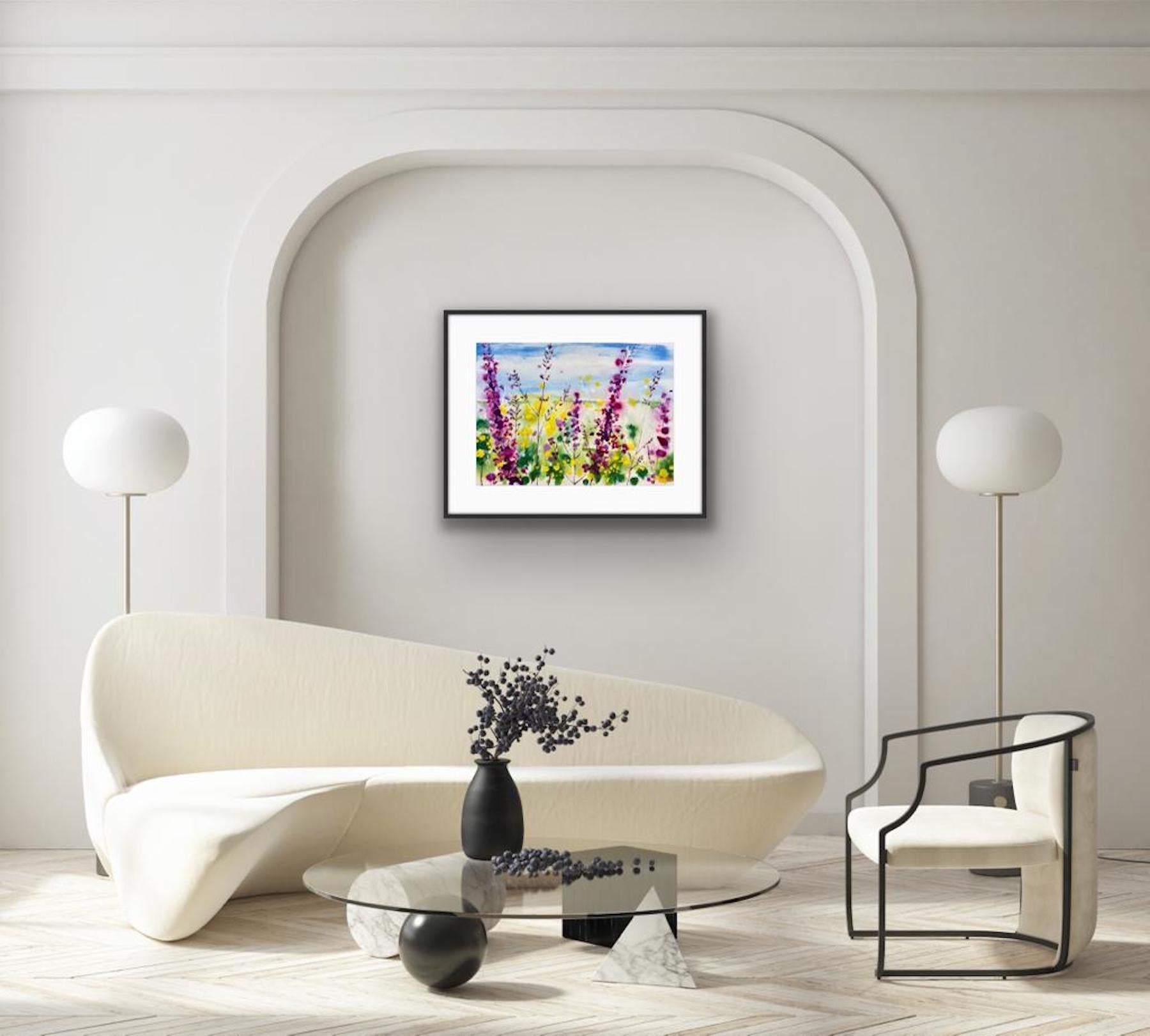 Días de verano, arte floral brillante, pintura inglesa en acuarela, pintura de dedaleras - Painting de Racheal Dalzell