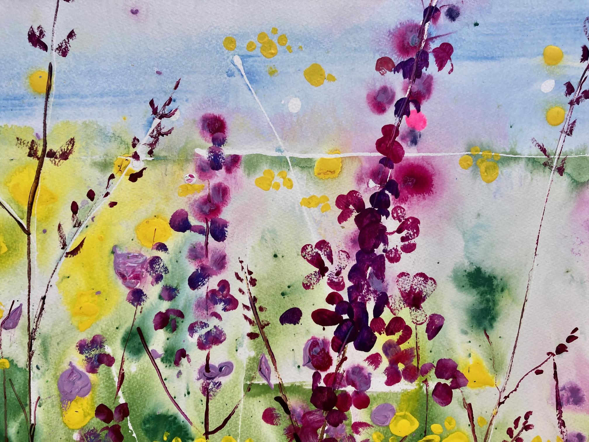 Summer Days, Bright floral art, English watercolour painting, Foxglove paintning - Beige Abstract Painting by Racheal Dalzell