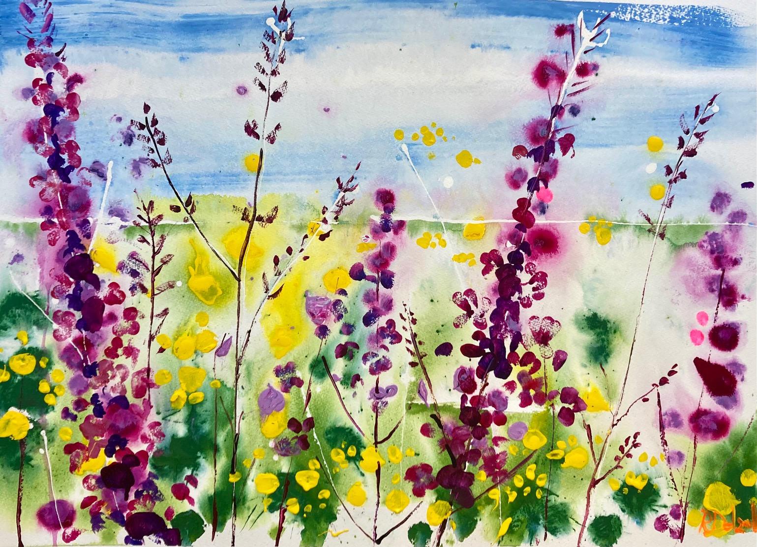 Racheal Dalzell Abstract Painting – Sommertage, leuchtende Blumenkunst, englisches Aquarellgemälde, Foxglove-Malerei