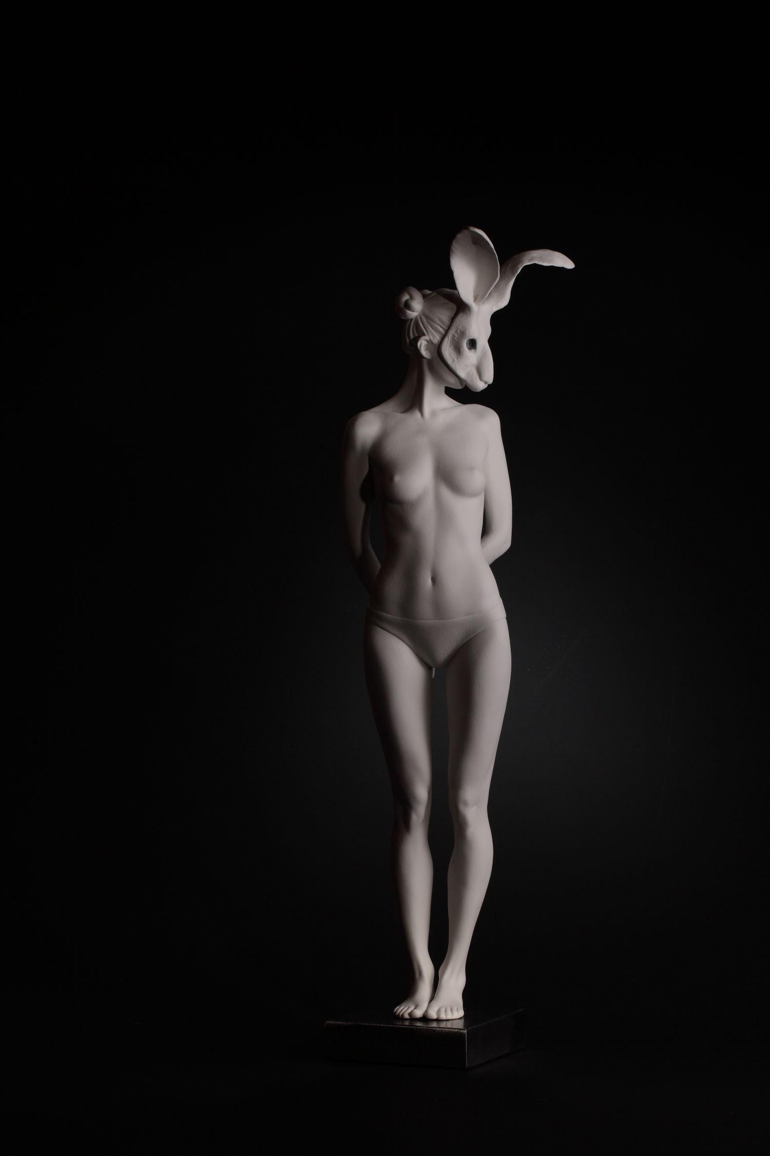 Rachel Ann Stevenson Figurative Sculpture - "Vigils Echo 4" Contemporary Nude Sculpture of a Woman with Bunny Mask