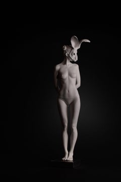 "Vigils Echo 4" Contemporary Nude Sculpture of a Woman with Bunny Mask